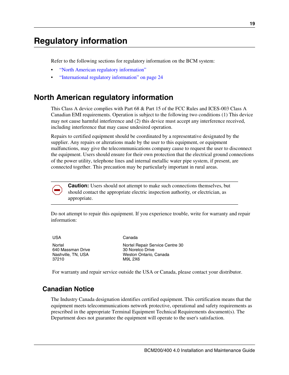Regulatory information, North american regulatory information, Canadian notice | Nortel Networks BCM200/400 User Manual | Page 19 / 394