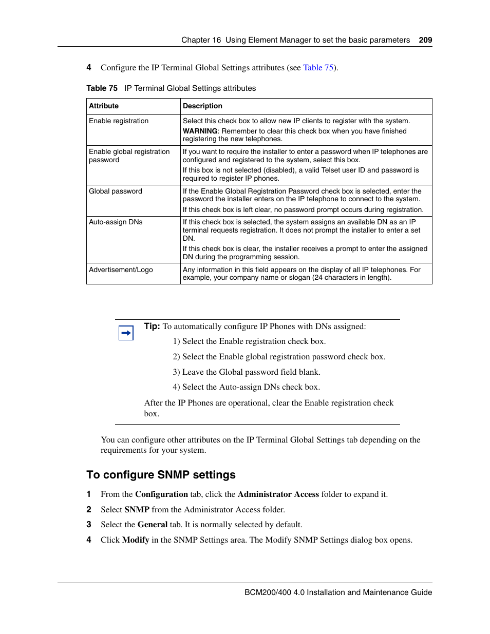 To configure snmp settings | Nortel Networks BCM200/400 User Manual | Page 209 / 394