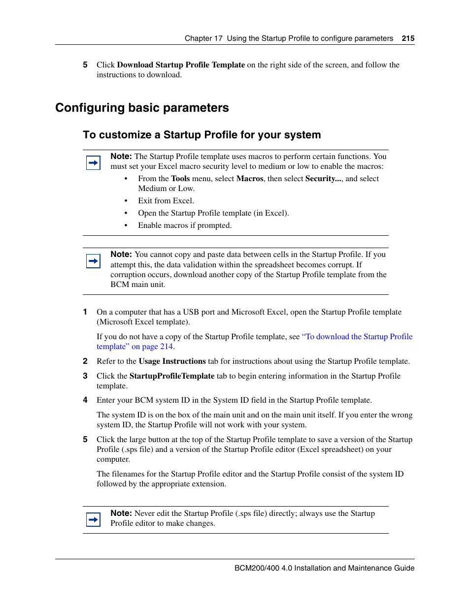 Configuring basic parameters, To customize a startup profile for your system | Nortel Networks BCM200/400 User Manual | Page 215 / 394