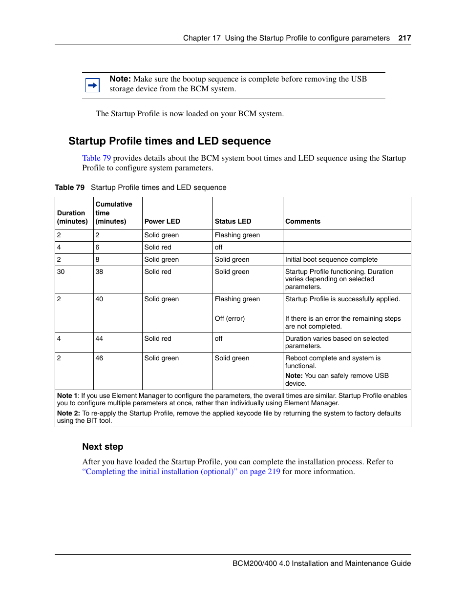 Startup profile times and led sequence, Table 79 | Nortel Networks BCM200/400 User Manual | Page 217 / 394