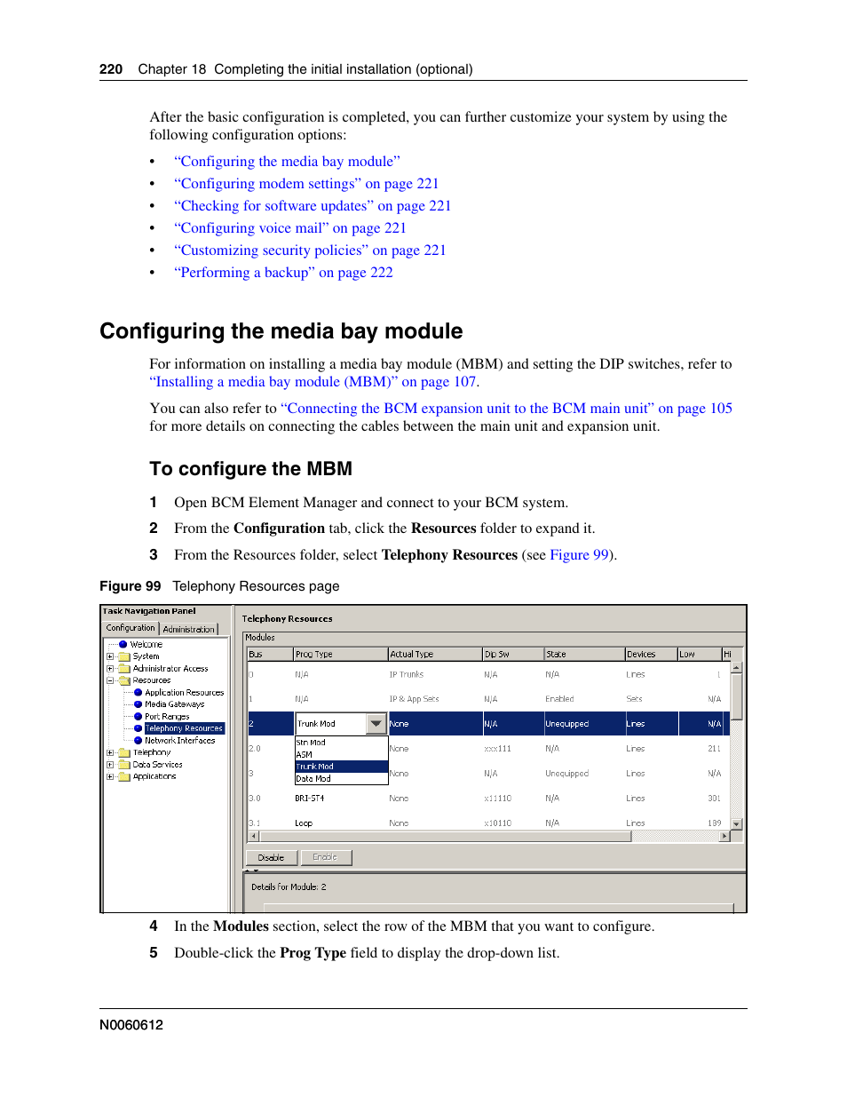 Configuring the media bay module, To configure the mbm | Nortel Networks BCM200/400 User Manual | Page 220 / 394