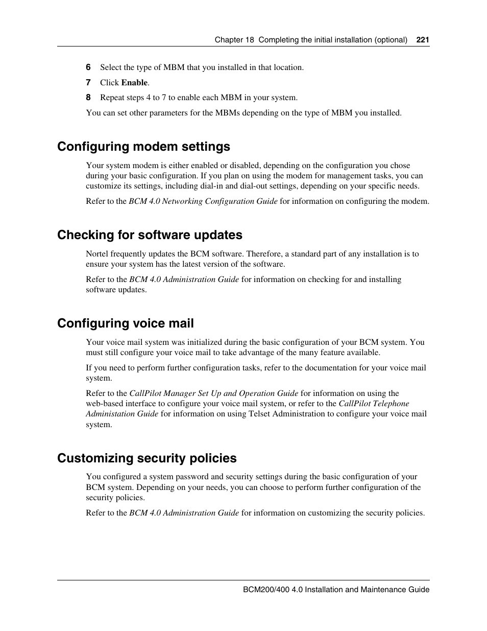 Configuring modem settings, Checking for software updates, Configuring voice mail | Customizing security policies | Nortel Networks BCM200/400 User Manual | Page 221 / 394