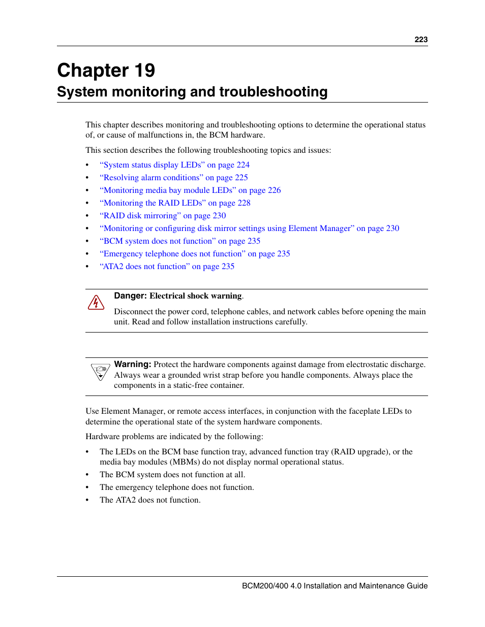 System monitoring and troubleshooting, Chapter 19 system monitoring and troubleshooting, Chapter 19 | Nortel Networks BCM200/400 User Manual | Page 223 / 394