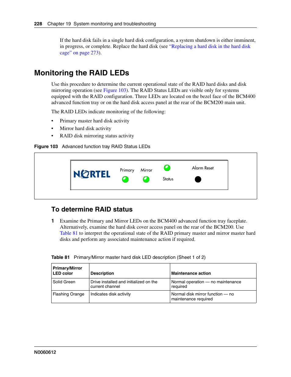 Monitoring the raid leds, To determine raid status | Nortel Networks BCM200/400 User Manual | Page 228 / 394