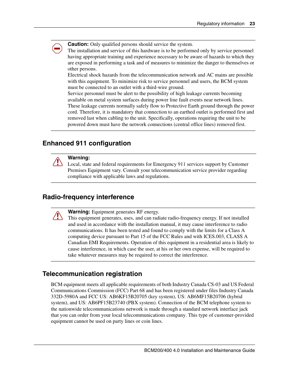 Enhanced 911 configuration, Radio-frequency interference, Telecommunication registration | Nortel Networks BCM200/400 User Manual | Page 23 / 394