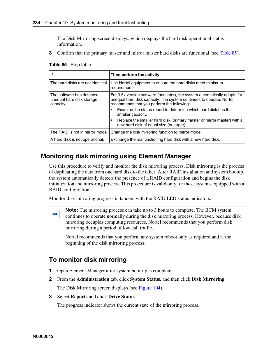 Monitoring disk mirroring using element manager, To monitor disk mirroring | Nortel Networks BCM200/400 User Manual | Page 234 / 394
