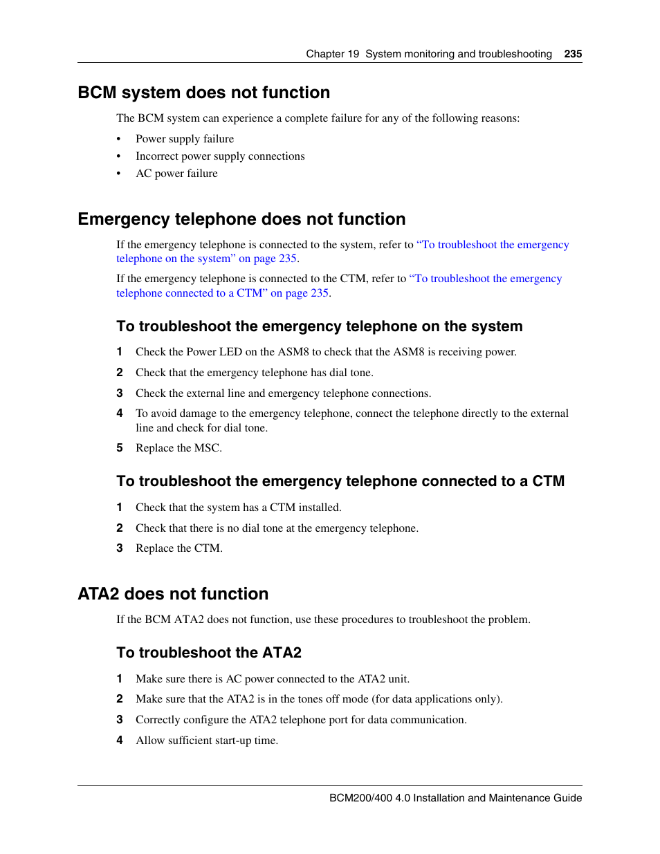 Bcm system does not function, Emergency telephone does not function, Ata2 does not function | Nortel Networks BCM200/400 User Manual | Page 235 / 394