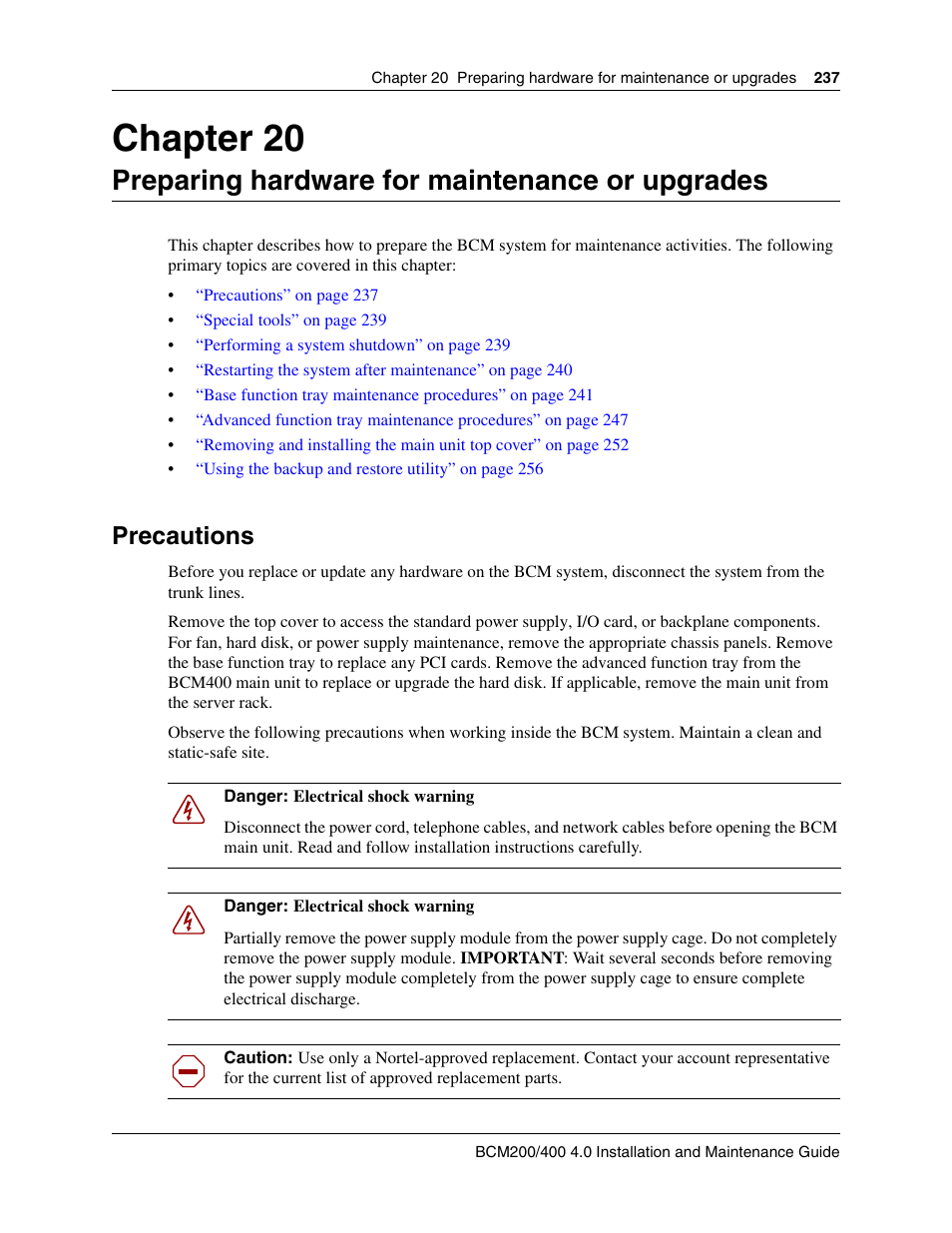 Preparing hardware for maintenance or upgrades, Precautions, Chapter 20 | Nortel Networks BCM200/400 User Manual | Page 237 / 394