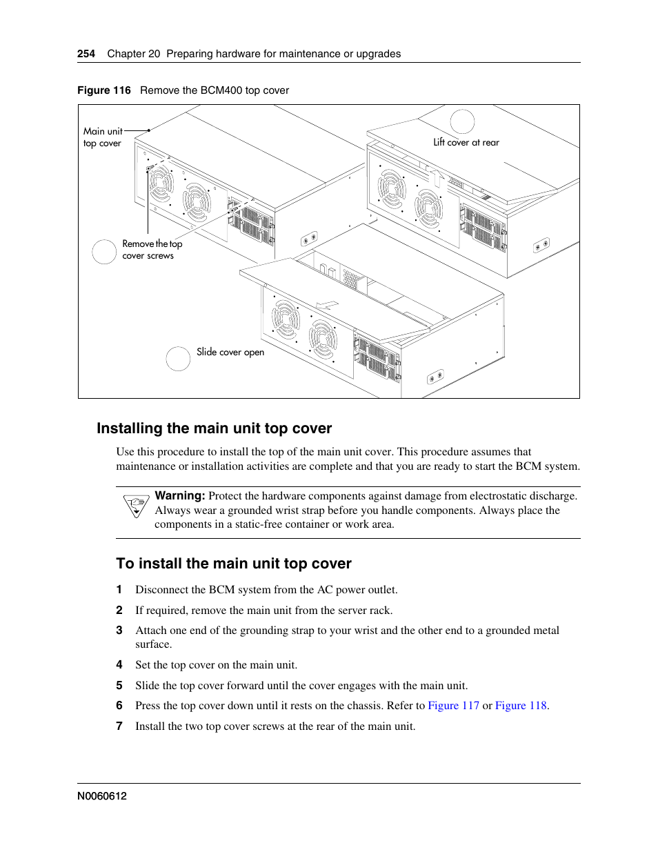 Installing the main unit top cover, To install the main unit top cover, Refer to | Nortel Networks BCM200/400 User Manual | Page 254 / 394