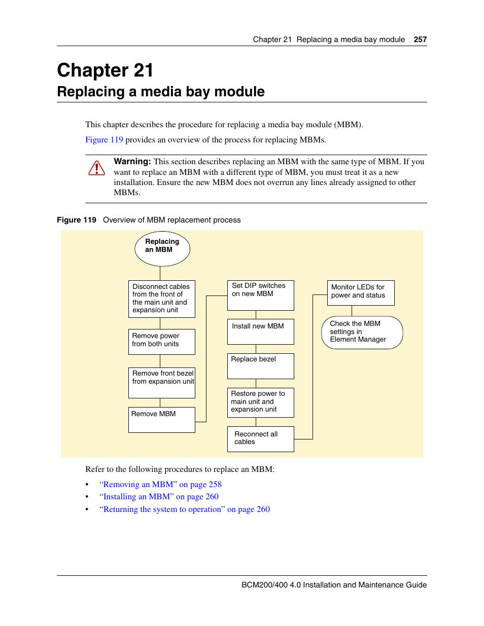 Replacing a media bay module, Chapter 21 replacing a media bay module, Chapter 21 | Nortel Networks BCM200/400 User Manual | Page 257 / 394