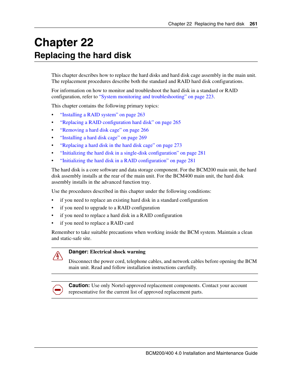 Replacing the hard disk, Chapter 22 replacing the hard disk, Chapter 22 | Nortel Networks BCM200/400 User Manual | Page 261 / 394