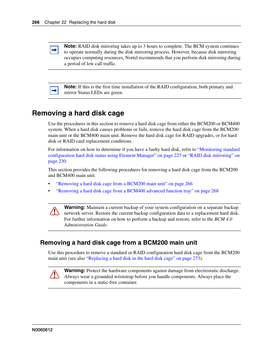 Removing a hard disk cage, Removing a hard disk cage from a bcm200 main unit | Nortel Networks BCM200/400 User Manual | Page 266 / 394