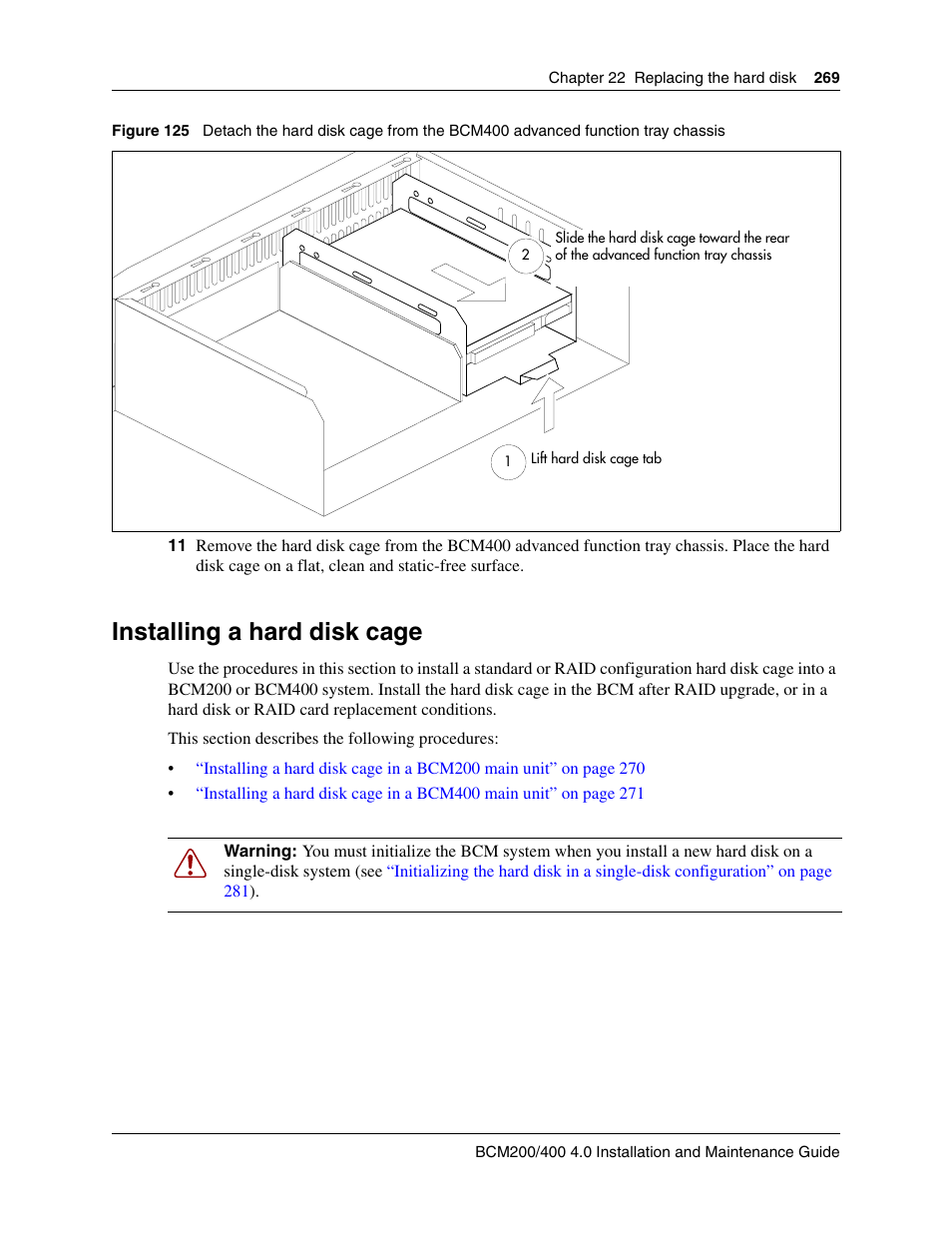 Installing a hard disk cage, N in, Figure 125 | Nortel Networks BCM200/400 User Manual | Page 269 / 394