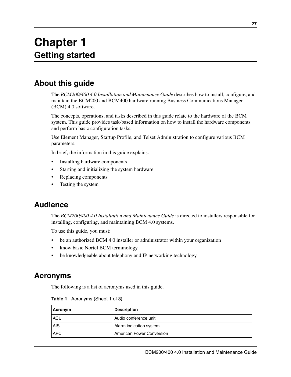Getting started, About this guide, Audience | Acronyms, Chapter 1 getting started, Chapter 1 | Nortel Networks BCM200/400 User Manual | Page 27 / 394