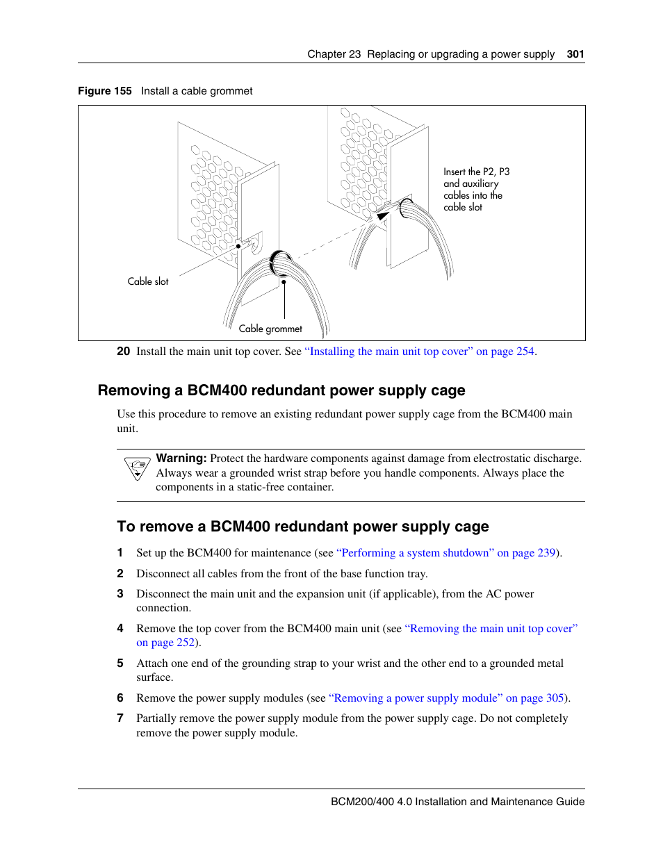 Removing a bcm400 redundant power supply cage, To remove a bcm400 redundant power supply cage, Figure 155 | Nortel Networks BCM200/400 User Manual | Page 301 / 394