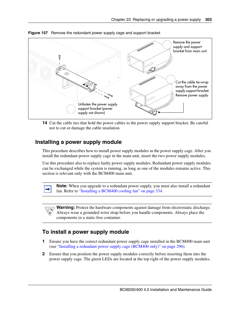 Installing a power supply module, To install a power supply module, Figure 157 | Nortel Networks BCM200/400 User Manual | Page 303 / 394