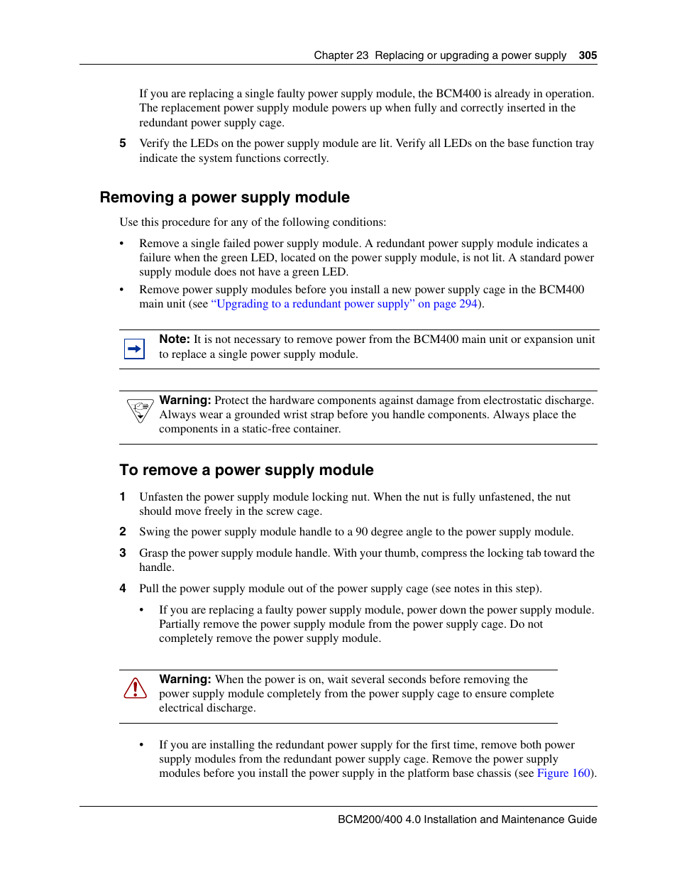 Removing a power supply module, To remove a power supply module, E main unit (see | Wer supply modules (see | Nortel Networks BCM200/400 User Manual | Page 305 / 394