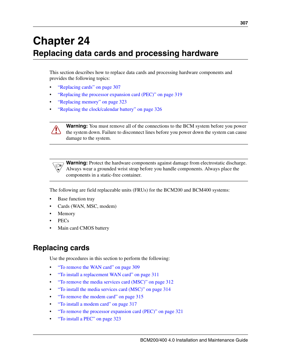Replacing data cards and processing hardware, Replacing cards, Refer to | Chapter 24 | Nortel Networks BCM200/400 User Manual | Page 307 / 394