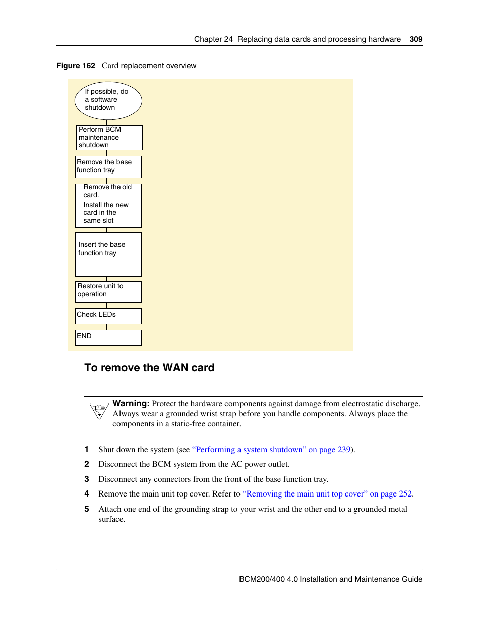 To remove the wan card, E the flowchart shown in, Figure 162 | Nortel Networks BCM200/400 User Manual | Page 309 / 394