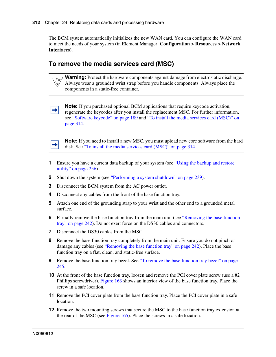 To remove the media services card (msc) | Nortel Networks BCM200/400 User Manual | Page 312 / 394