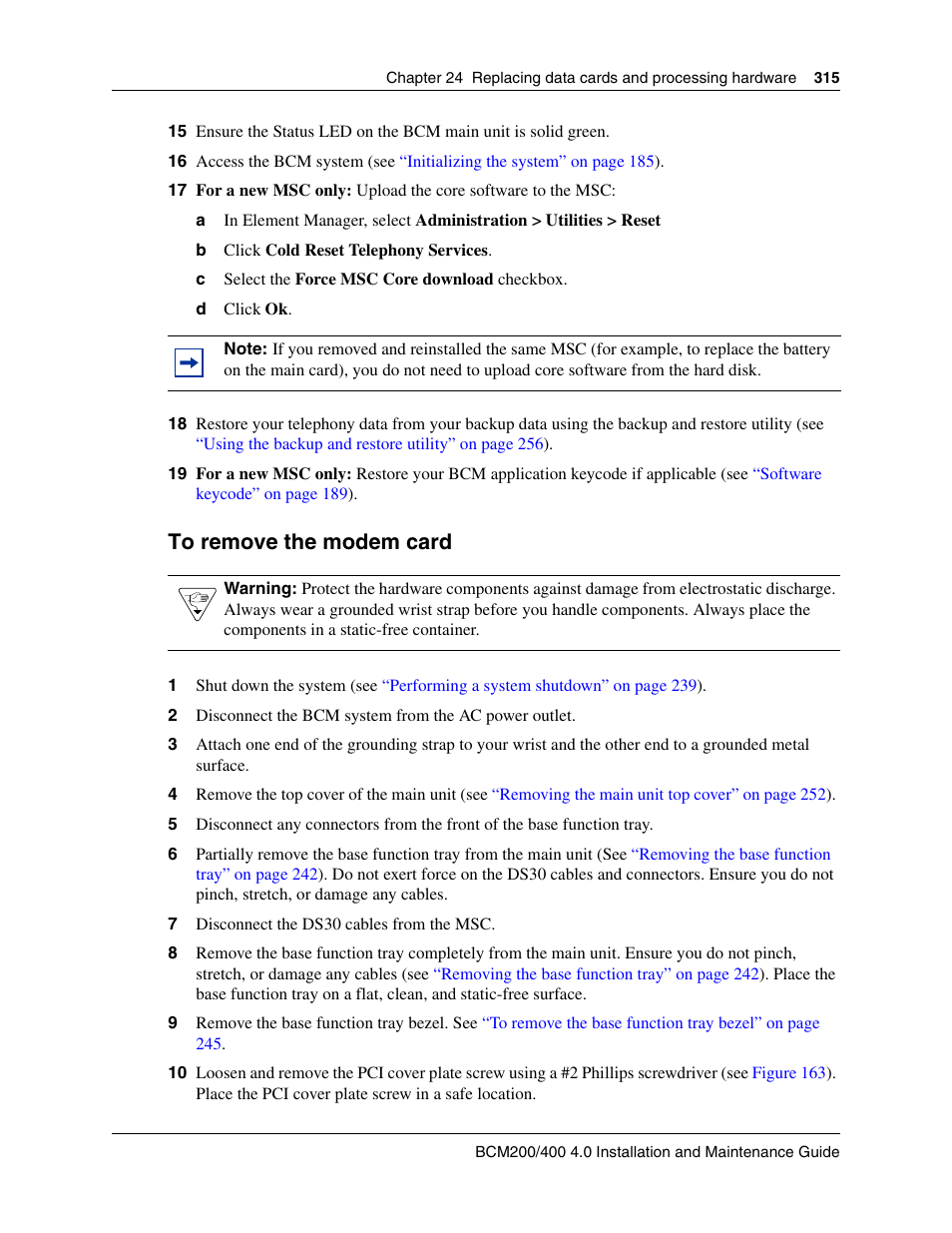 To remove the modem card | Nortel Networks BCM200/400 User Manual | Page 315 / 394