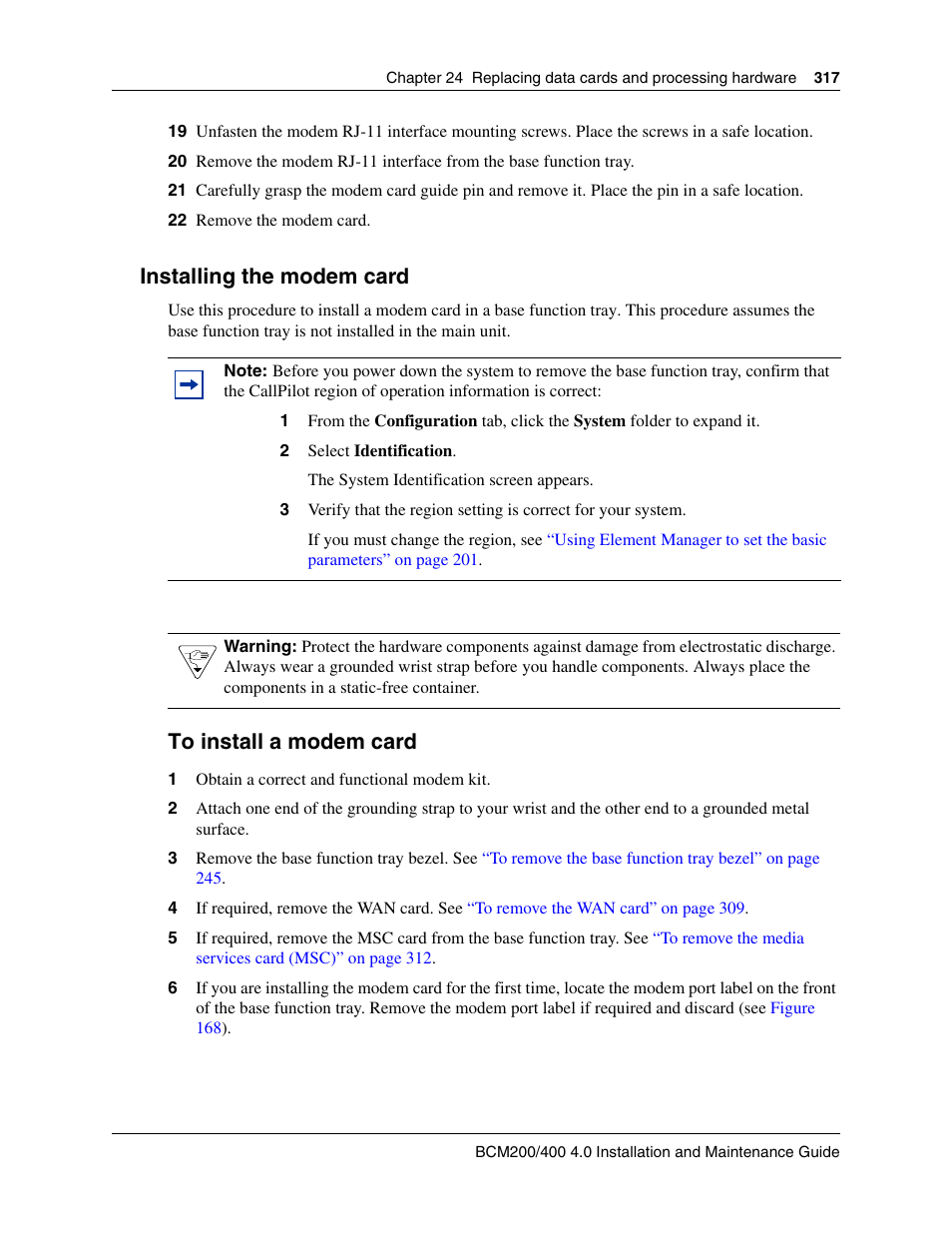 Installing the modem card, To install a modem card | Nortel Networks BCM200/400 User Manual | Page 317 / 394