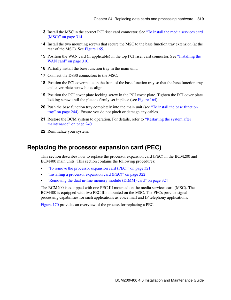 Replacing the processor expansion card (pec) | Nortel Networks BCM200/400 User Manual | Page 319 / 394