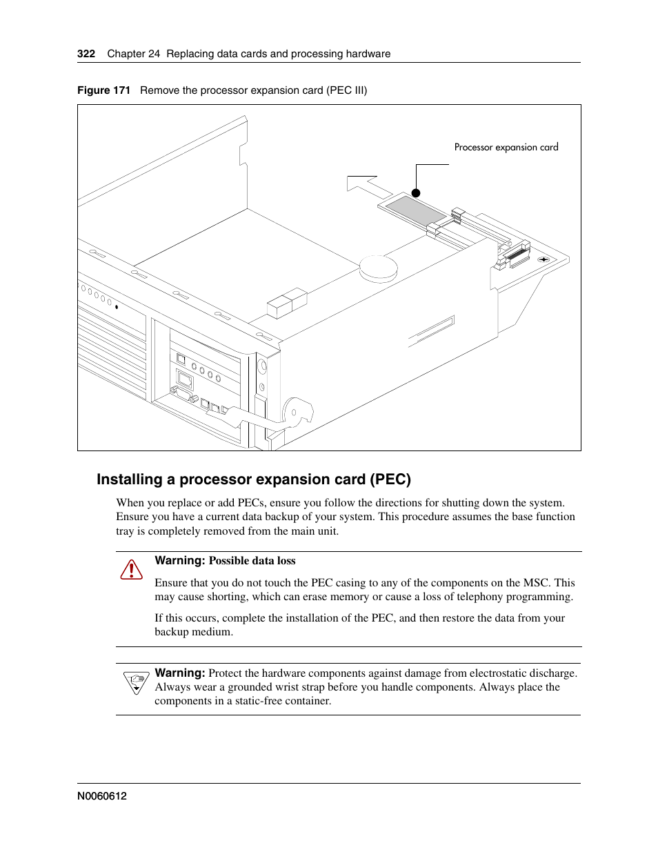 Installing a processor expansion card (pec), Installing, Refer to | Figure 171, Installing a | Nortel Networks BCM200/400 User Manual | Page 322 / 394