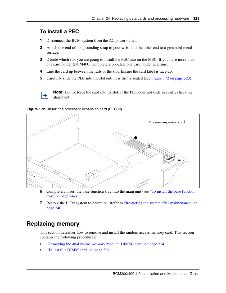 Replacing memory, To install a pec | Nortel Networks BCM200/400 User Manual | Page 323 / 394