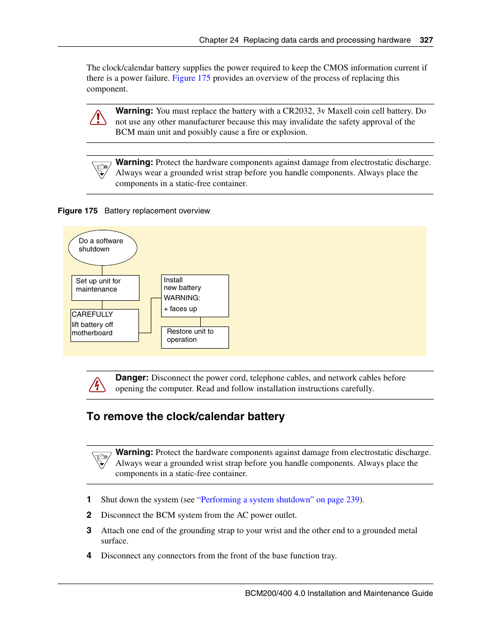 To remove the clock/calendar battery | Nortel Networks BCM200/400 User Manual | Page 327 / 394