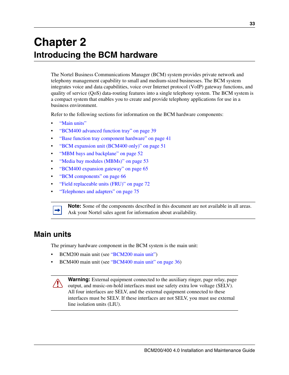 Introducing the bcm hardware, Main units, Chapter 2 introducing the bcm hardware | Chapter 2 | Nortel Networks BCM200/400 User Manual | Page 33 / 394