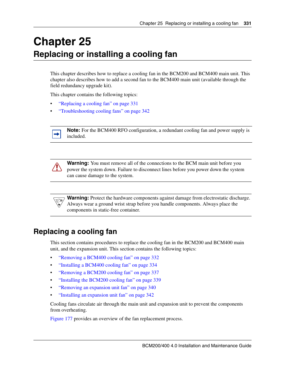 Replacing or installing a cooling fan, Replacing a cooling fan, Chapter 25 replacing or installing a cooling fan | Chapter 25 | Nortel Networks BCM200/400 User Manual | Page 331 / 394