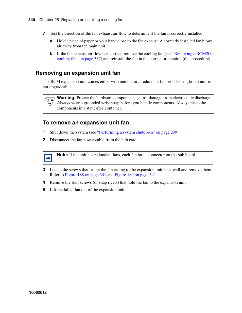 Removing an expansion unit fan, To remove an expansion unit fan | Nortel Networks BCM200/400 User Manual | Page 340 / 394