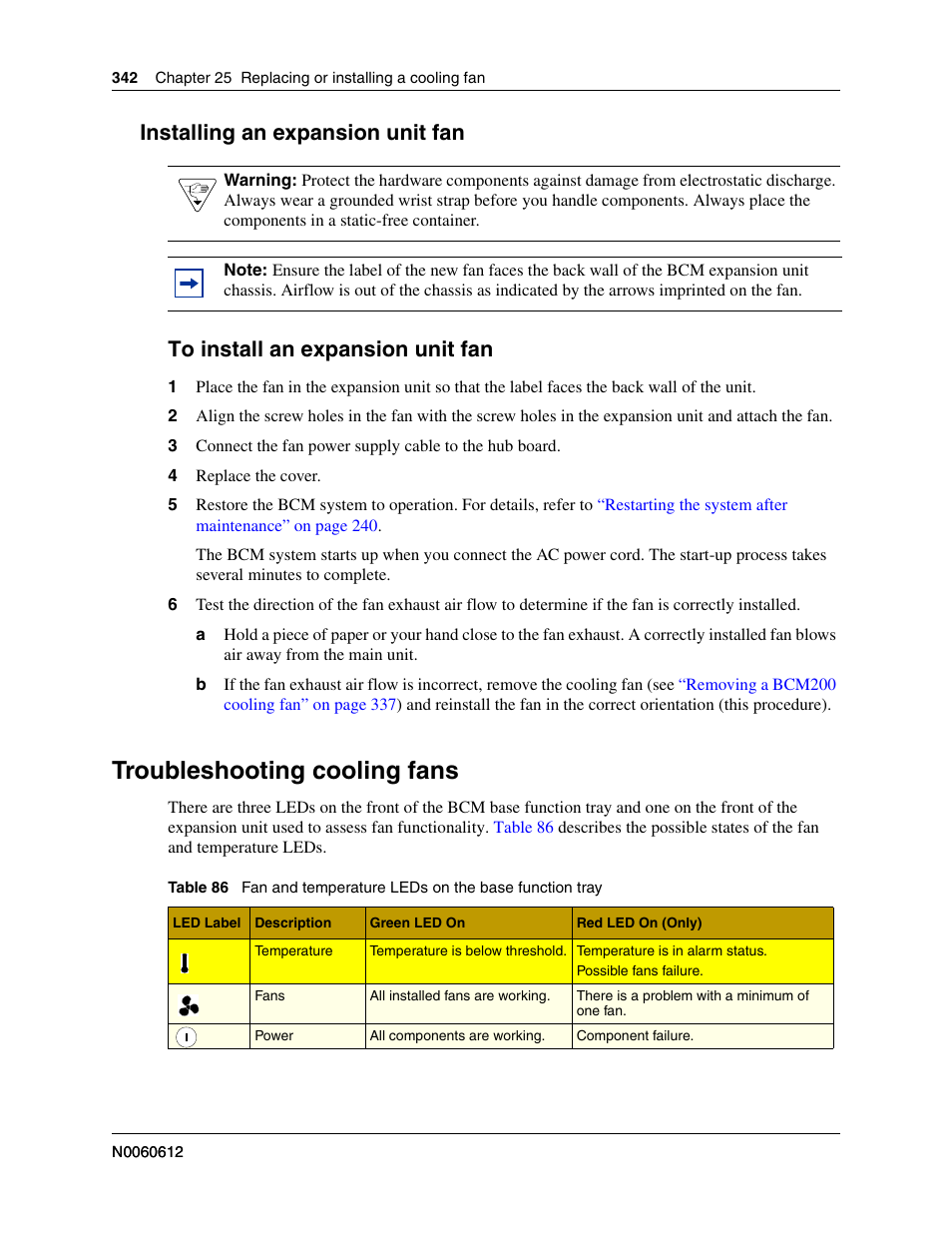 Installing an expansion unit fan, Troubleshooting cooling fans, To install an expansion unit fan | Table 86 | Nortel Networks BCM200/400 User Manual | Page 342 / 394