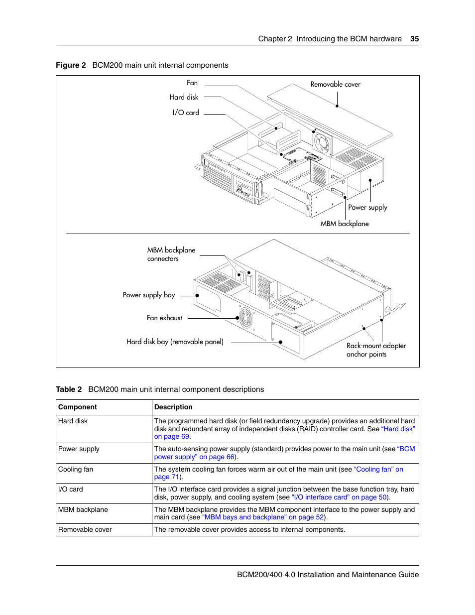 Figure 2, Unit internal components, Table 2 | Nortel Networks BCM200/400 User Manual | Page 35 / 394