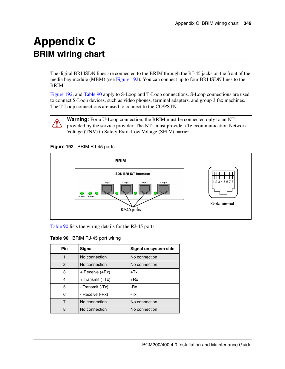 Brim wiring chart, Appendix c brim wiring chart, Appendix c | Nortel Networks BCM200/400 User Manual | Page 351 / 394