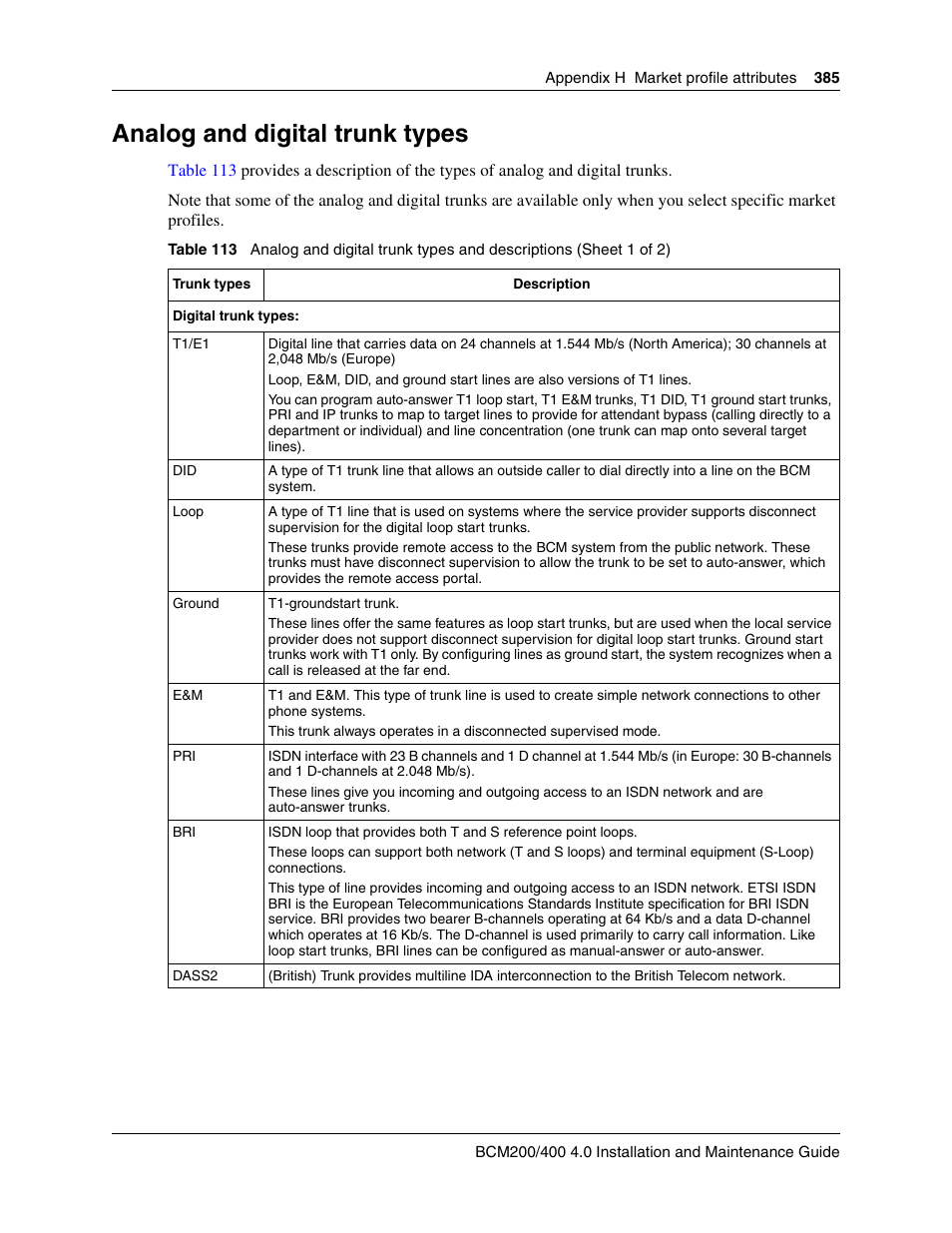 Analog and digital trunk types | Nortel Networks BCM200/400 User Manual | Page 385 / 394