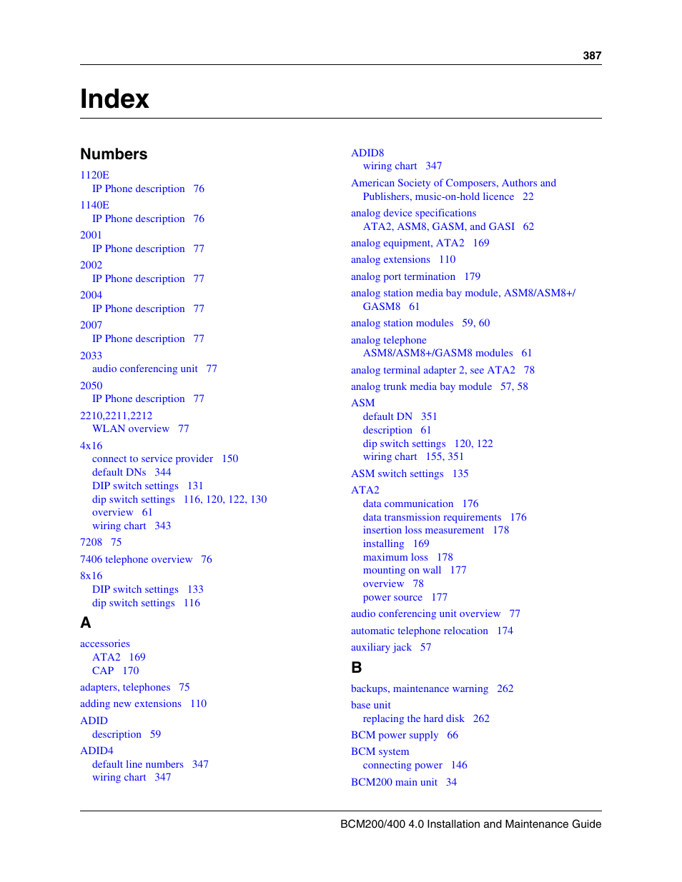 Index, Numbers | Nortel Networks BCM200/400 User Manual | Page 387 / 394