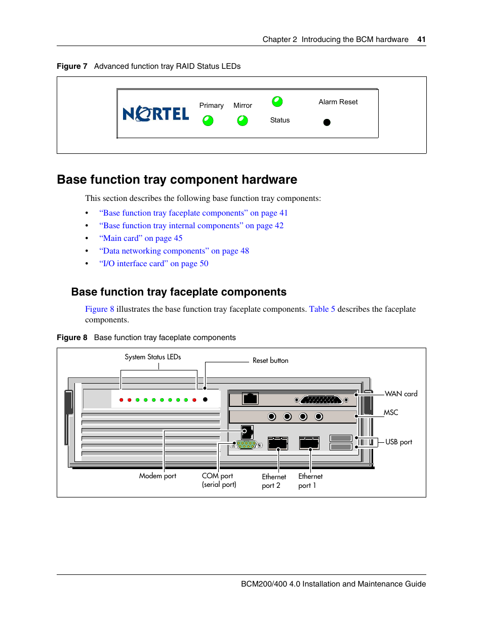 Base function tray component hardware, Base function tray faceplate components | Nortel Networks BCM200/400 User Manual | Page 41 / 394