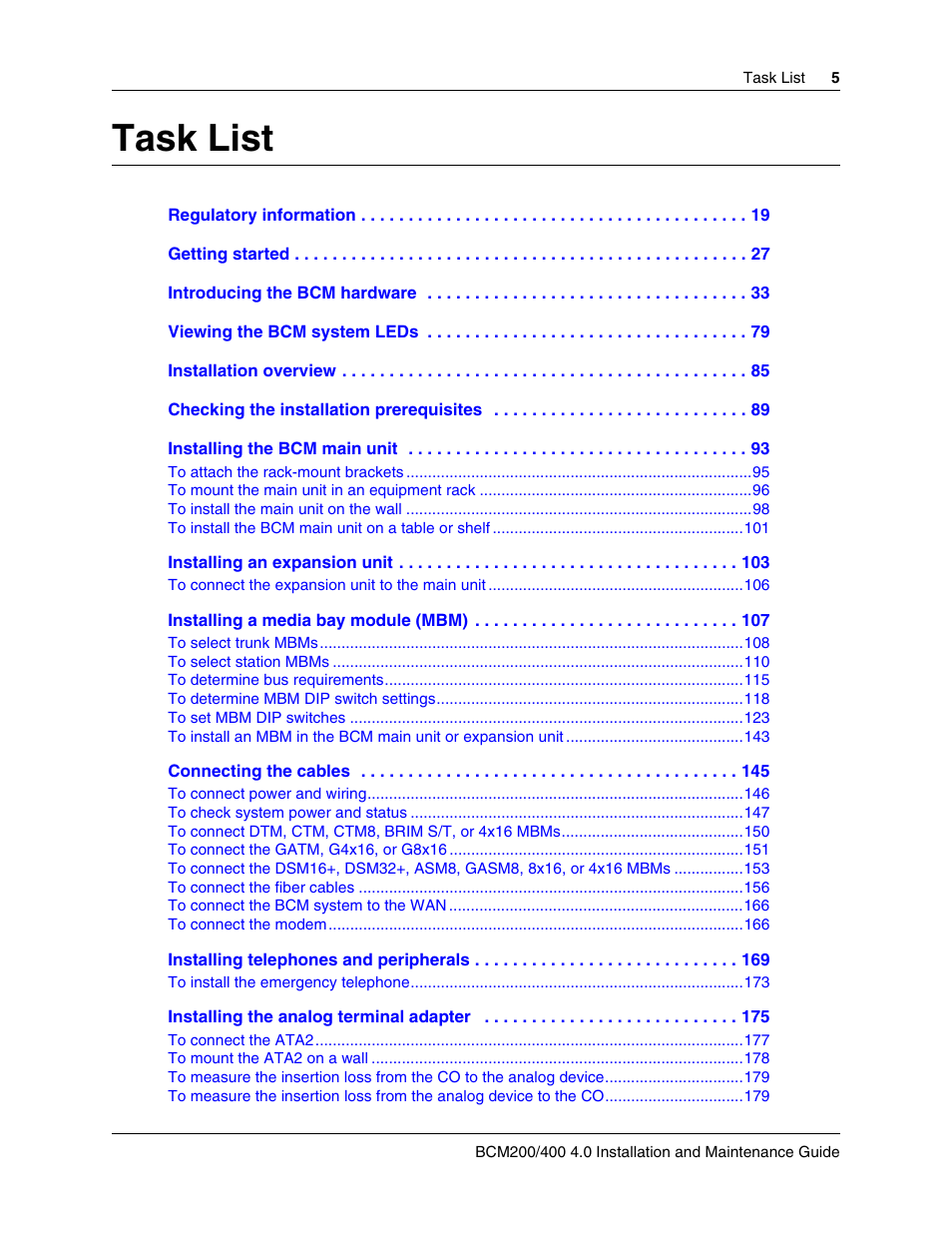 Task list | Nortel Networks BCM200/400 User Manual | Page 5 / 394