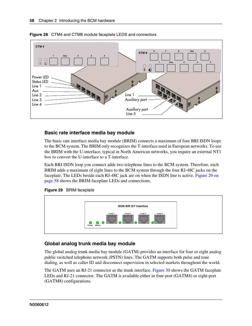 Basic rate interface media, Global analog trunk media, Basic rate interface media bay module | Global analog trunk media bay module | Nortel Networks BCM200/400 User Manual | Page 58 / 394