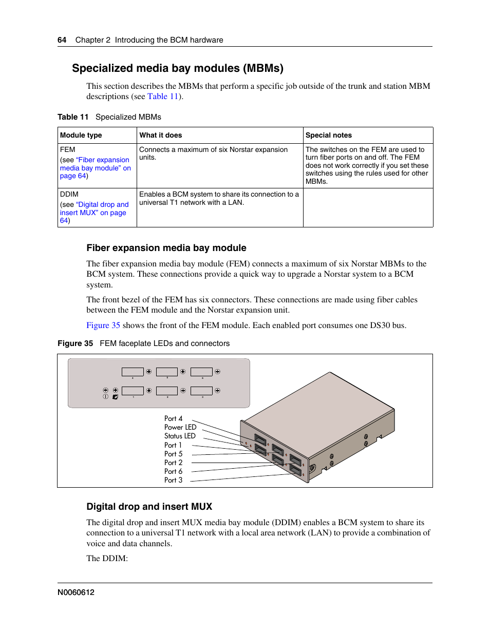 Specialized media bay modules (mbms), Fiber expansion media bay module, Digital drop and insert mux | Nortel Networks BCM200/400 User Manual | Page 64 / 394
