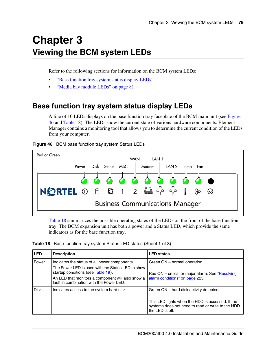 Viewing the bcm system leds, Base function tray system status display leds, Chapter 3 viewing the bcm system leds | Ts (see, Mbm leds, see, Viewing the bcm, Chapter 3, Viewing the bcm system, Leds | Nortel Networks BCM200/400 User Manual | Page 79 / 394