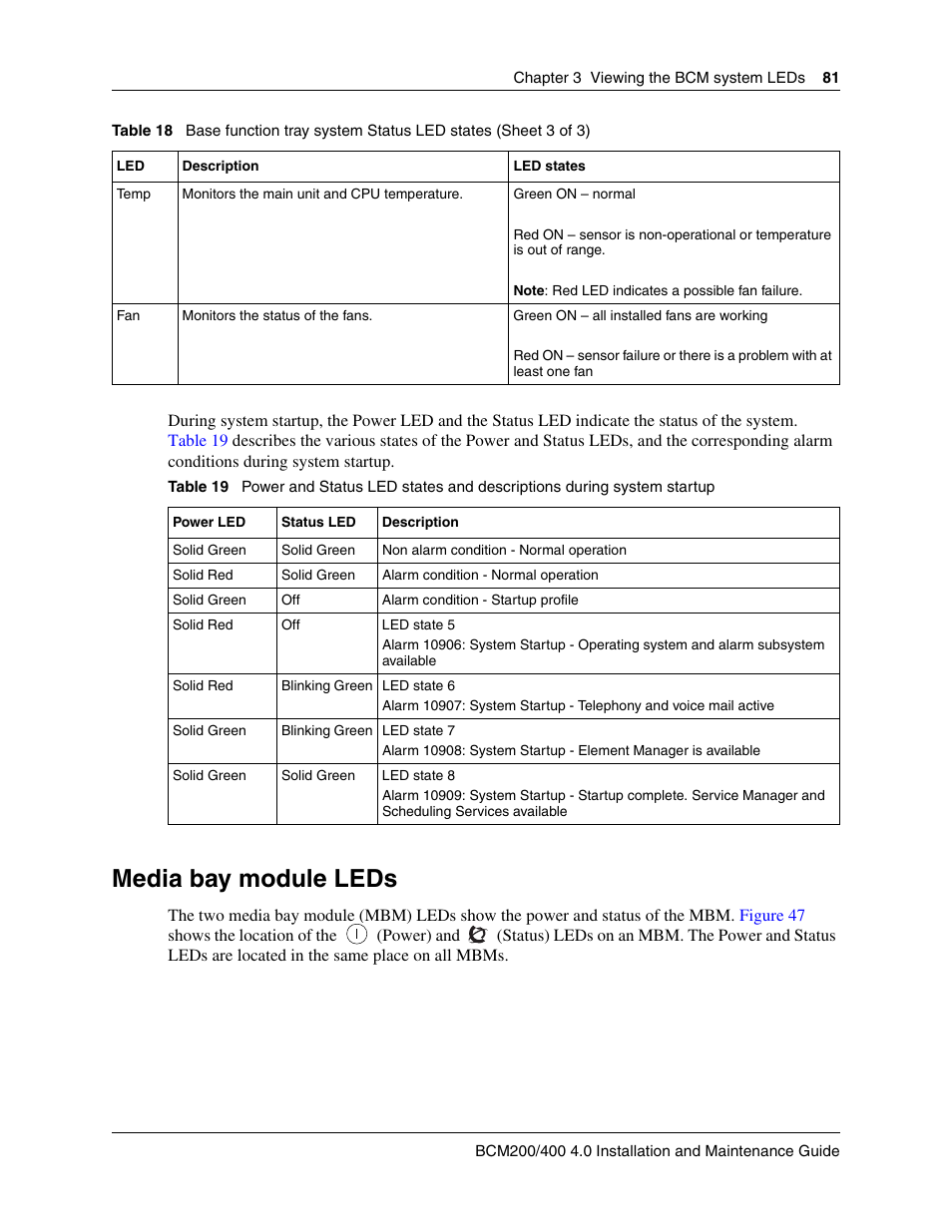 Media bay module leds, Table 19 | Nortel Networks BCM200/400 User Manual | Page 81 / 394