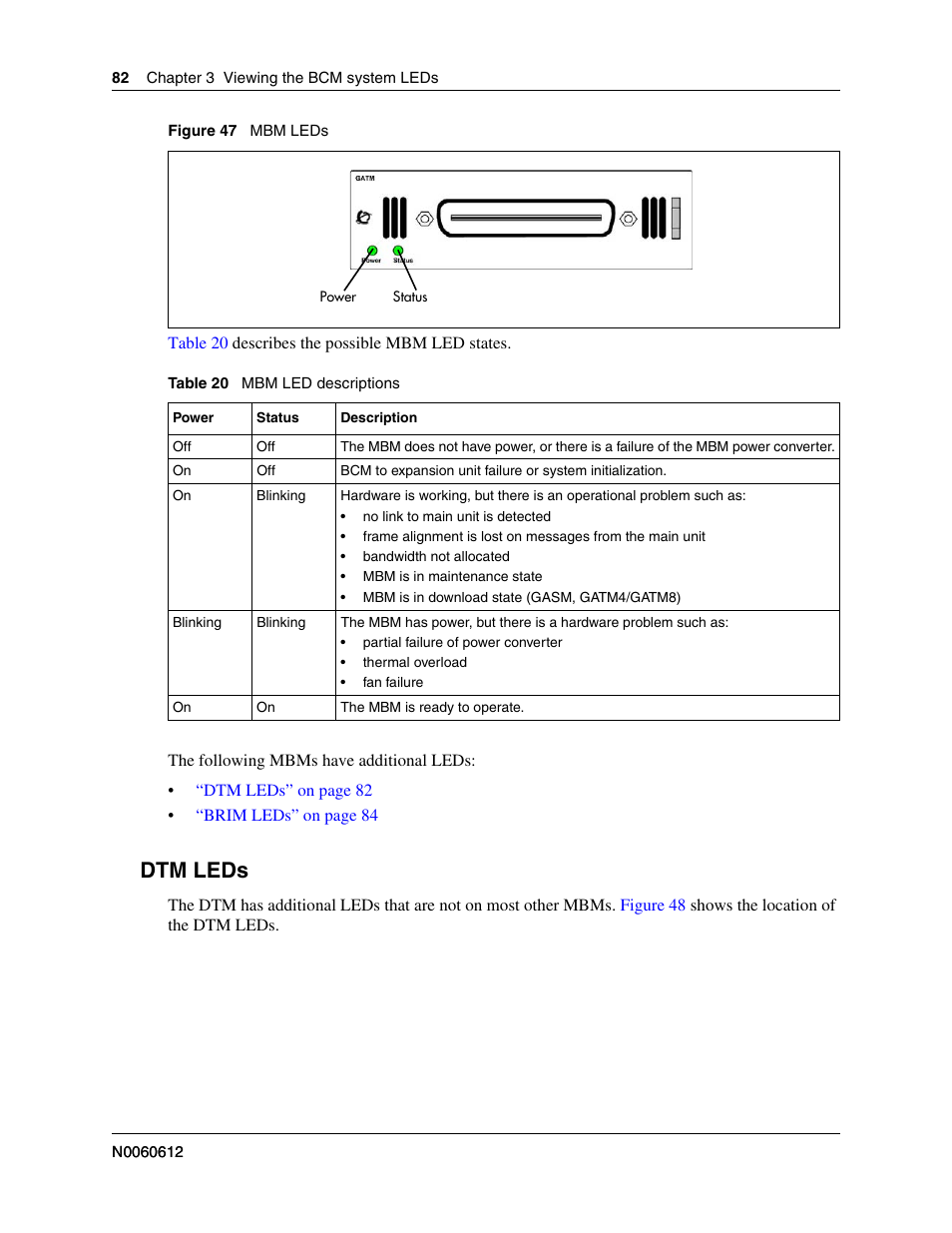 Dtm leds, Leds, refer to | Nortel Networks BCM200/400 User Manual | Page 82 / 394