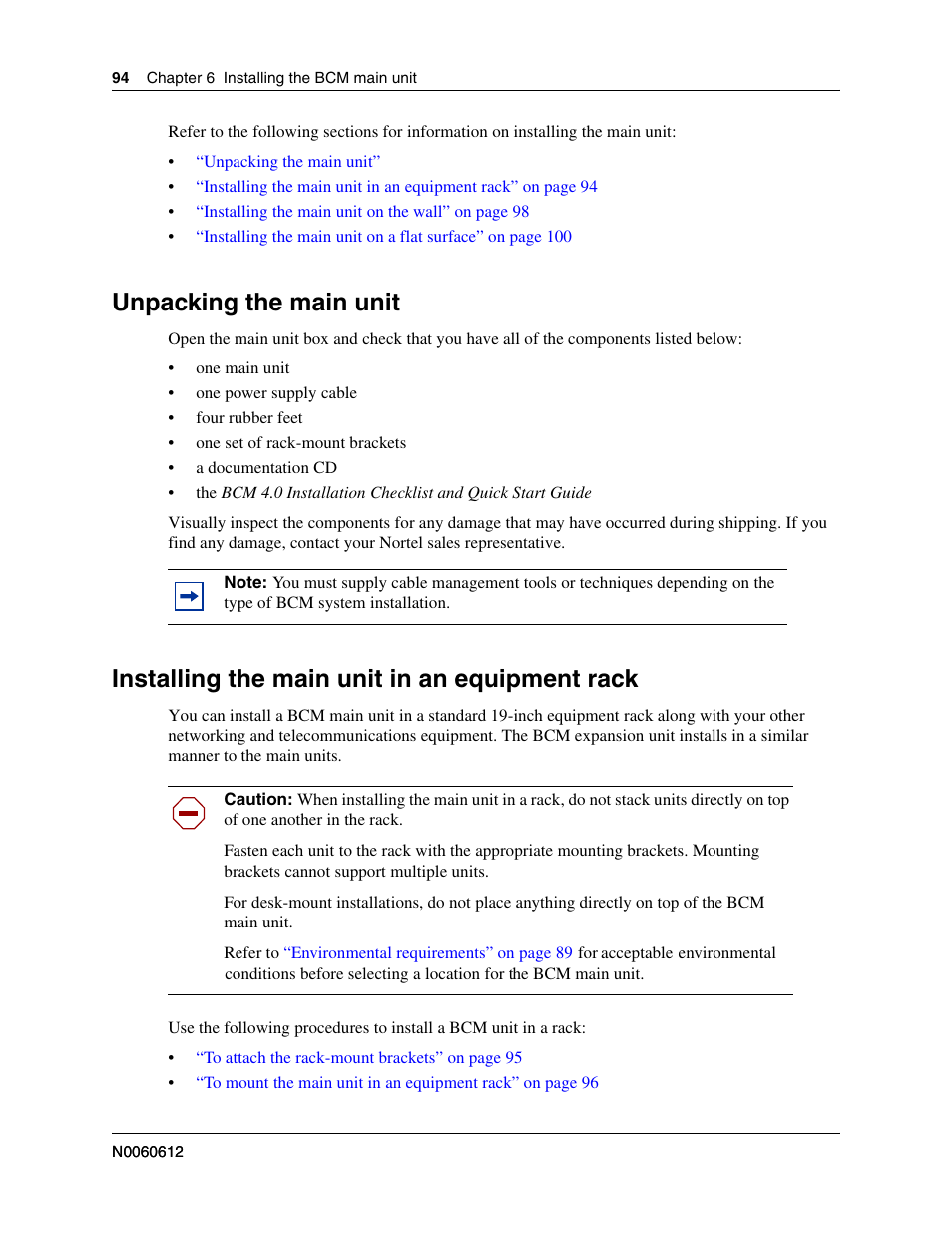 Unpacking the main unit, Installing the main unit in an equipment rack | Nortel Networks BCM200/400 User Manual | Page 90 / 394