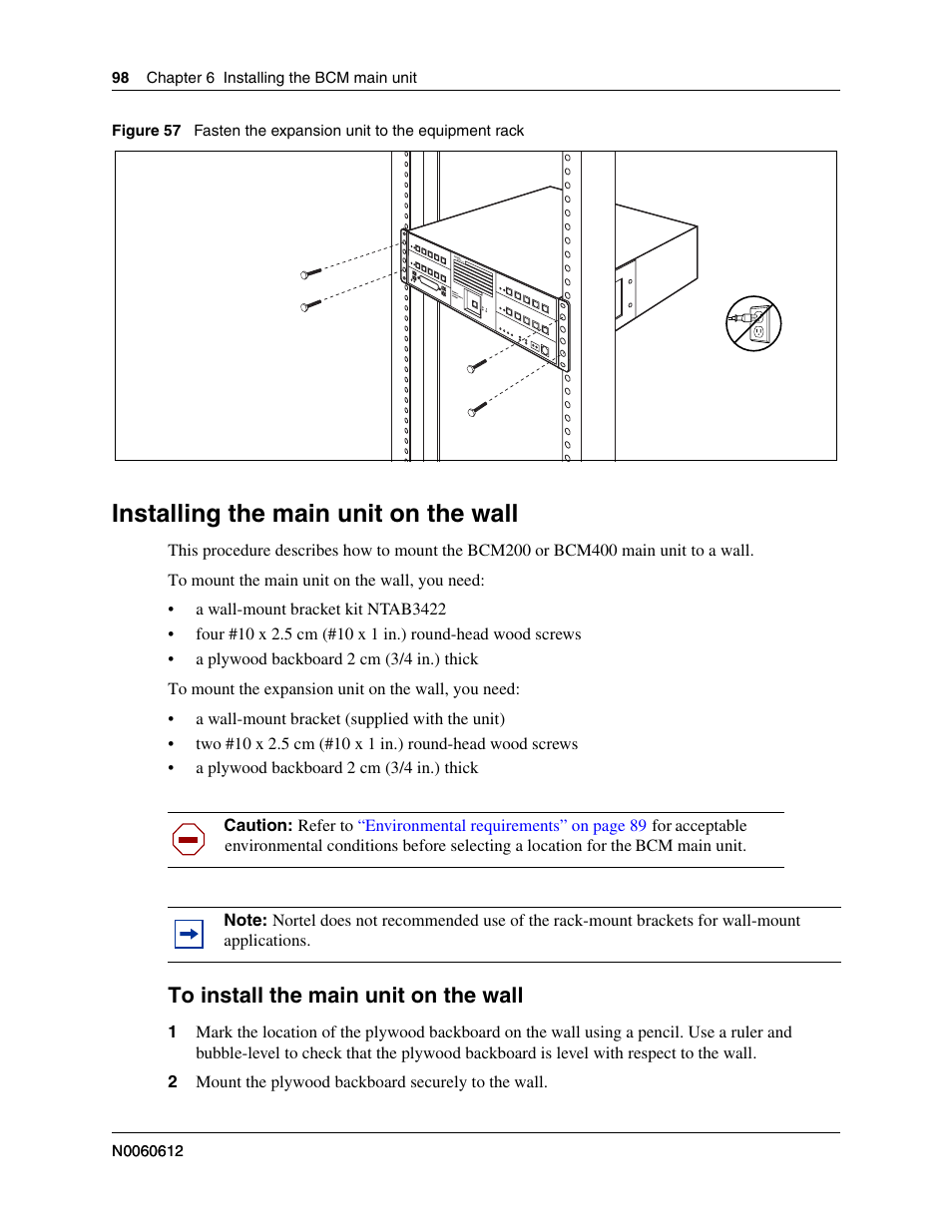 Installing the main unit on the wall, To install the main unit on the wall, Figure 57 | Nortel Networks BCM200/400 User Manual | Page 94 / 394