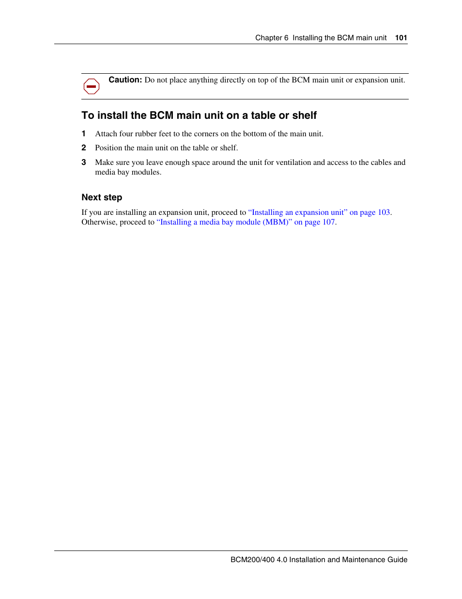 To install the bcm main unit on a table or shelf | Nortel Networks BCM200/400 User Manual | Page 97 / 394