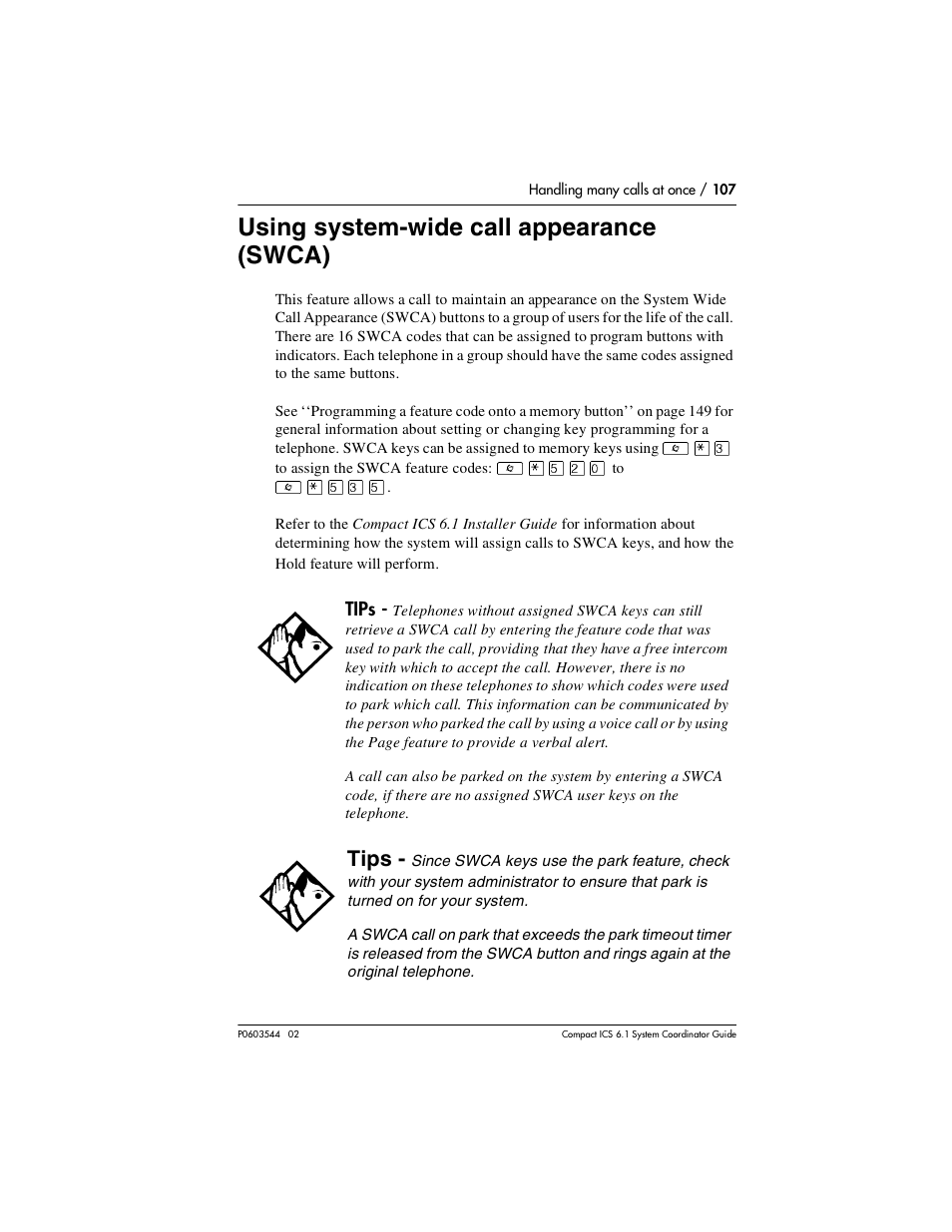Using system-wide call appearance (swca), Using system-wide call appearance (swca) 107, Tips | Nortel Networks 6.1 User Manual | Page 107 / 278