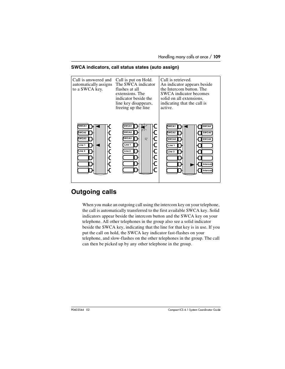 Outgoing calls, Outgoing calls 109, Swca indicators, call status states (auto assign) | Handling many calls at once / 109 | Nortel Networks 6.1 User Manual | Page 109 / 278